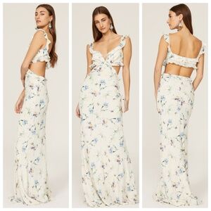 Sau Lee Amelia Maxi Cutout Ruffle Floral Pink Cream Chiffon Dress - US 4